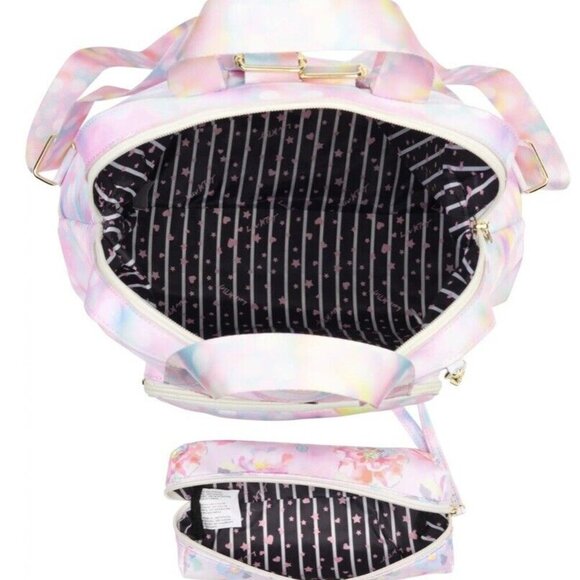 NWT betsey johnson pink rainbow zebra backpack with pencil pouch